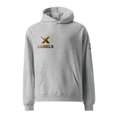 Corelx Unisex hoodie grey with gold logo, soft fabric, relaxed fit, casual style hoodie