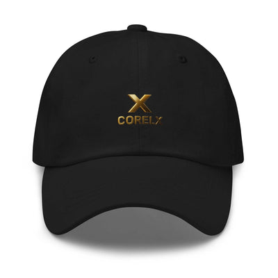 Black Corelx Dad hat with gold embroidered logo and curved brim in breathable cotton fabric