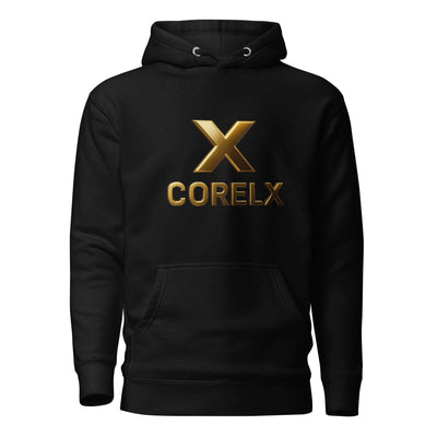 Corelx Unisex Hoodie black kangaroo jacket with gold logo front design, soft premium fabric, comfortable and stylish for all seasons