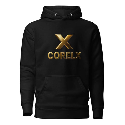 Corelx Unisex Hoodie black kangaroo jacket with gold logo front design, soft premium fabric, comfortable and stylish for all seasons