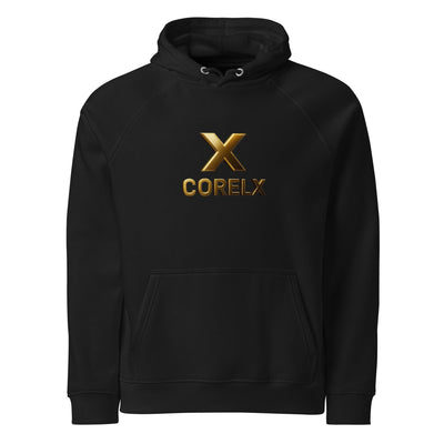 Corelx Unisex eco raglan hoodie black pullover with kangaroo pocket and gold logo