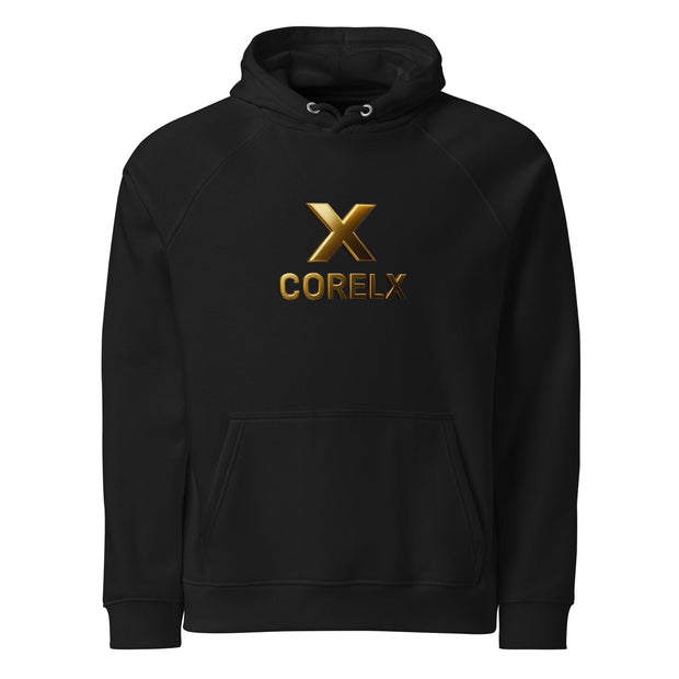 Corelx Unisex eco raglan hoodie black pullover with kangaroo pocket and gold logo