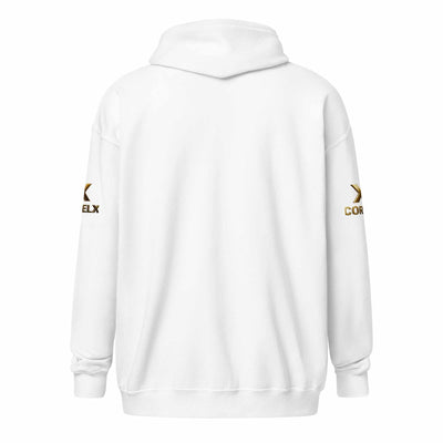 white unisex heavy blend zip hoodie kangaroo jacket back view with logo on sleeves