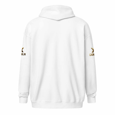 white unisex heavy blend zip hoodie kangaroo jacket back view with logo on sleeves