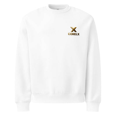 White Corelx Oversized sweatshirt with gold logo, soft breathable cotton, cozy and casual streetwear style