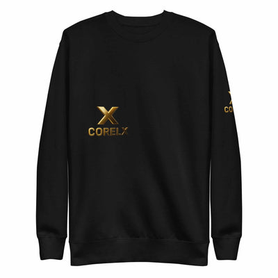 Corelx Unisex Premium Sweatshirt black with gold logo, comfortable and durable cotton fabric, relaxed fit for all body types