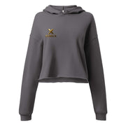 gray crop hoodie sweatshirt with gold CORELX logo and long sleeves