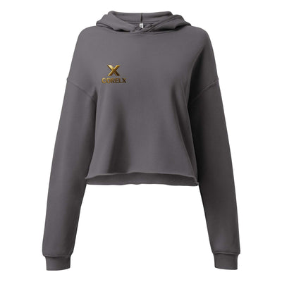 gray crop hoodie sweatshirt with gold CORELX logo and long sleeves