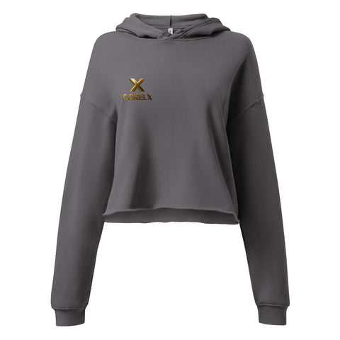 gray crop hoodie sweatshirt with gold CORELX logo and long sleeves
